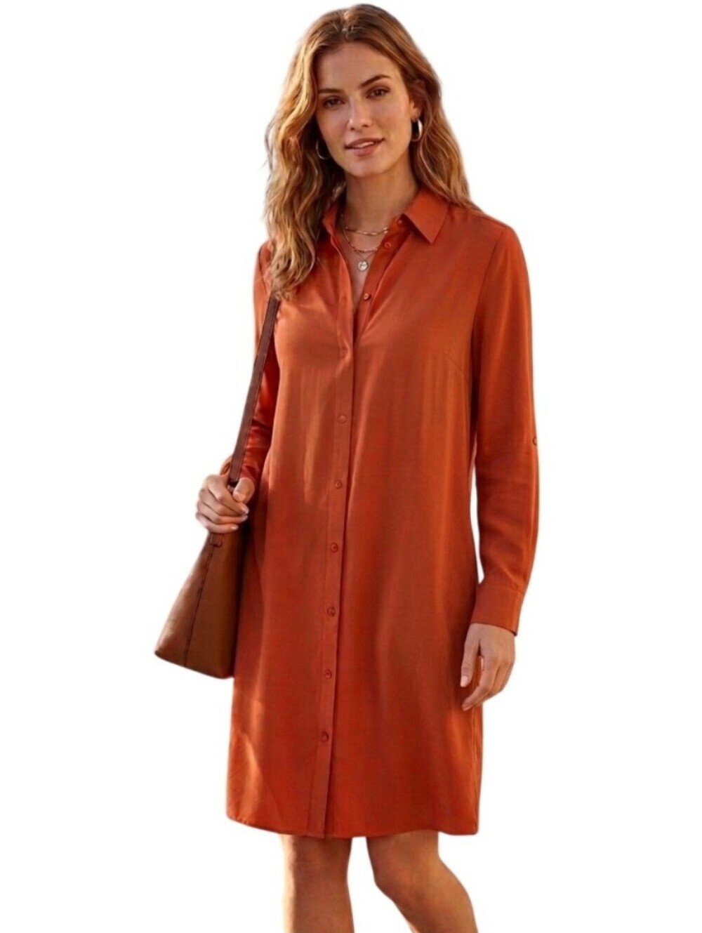 Michael Michael Kors Silk Orange Long Roll Tab Sleeve Shirt Midi Dress Size M